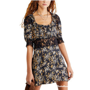 Free People Dress Lucie Mini Lace Open Back Floral Puff Sleeve Boho Cottagecore